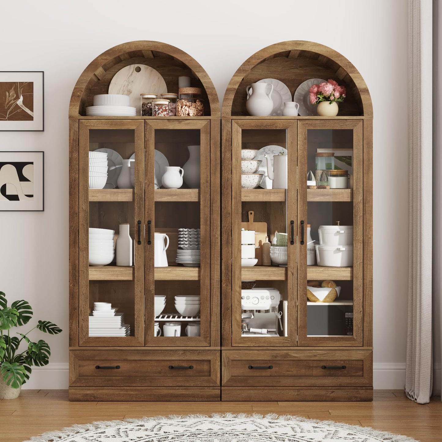 75" Tall Arched Kitchen Pantry Cabinet w Load-Bearing Steel Pipe,Modern Farmhouse Kitchens Storage Cabinet with Drawer and Glass Doors,Tall Arched Bookcase,Pantry Organizer for Living Room(Natural)