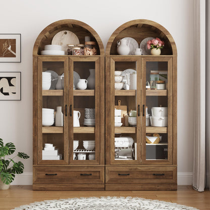75" Tall Arched Kitchen Pantry Cabinet w Load-Bearing Steel Pipe,Modern Farmhouse Kitchens Storage Cabinet with Drawer and Glass Doors,Tall Arched Bookcase,Pantry Organizer for Living Room(Natural)