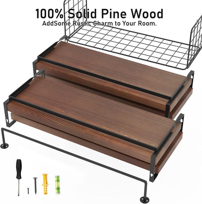 Wood Floating Shelves by [Brand Name] - Rustic Wall-Mounted 4-Tier Bathroom Shelf Set with Basket & Towel Bar