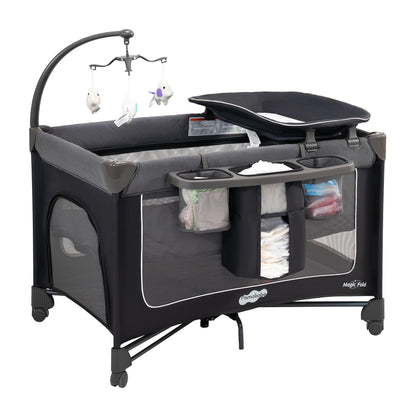 Pamo Babe Magic Fold Pack and Play with Bassinet 1 Step Set Foldable Playards Baby Playard with Changing Table Portable Playpen with Zip Door