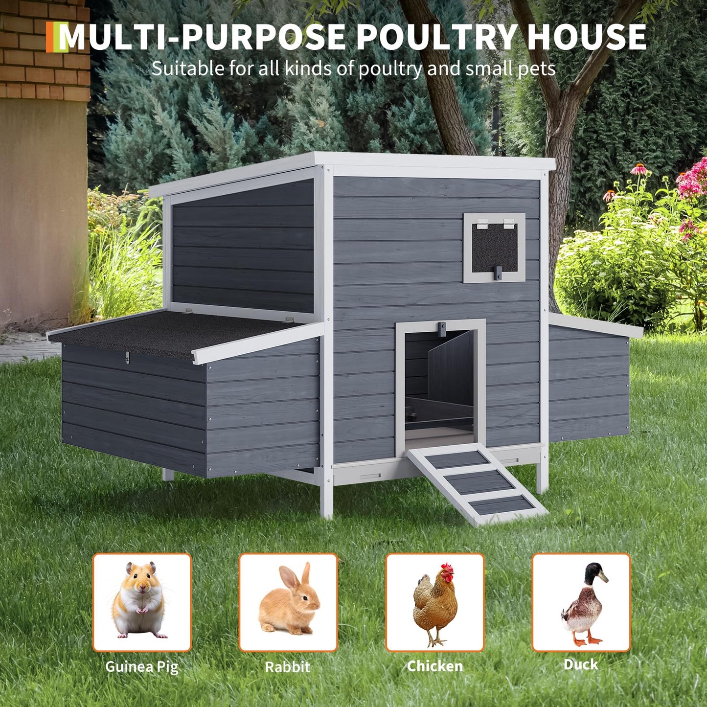 GarveeTech Wooden Chicken Coop with Nesting Boxes & Lockable Doors, Outdoor Chicken House, Weatherproof Roof Pet Cage for Guinea Pig, Rabbit, Duck - 62.2x38.6x38.6 in