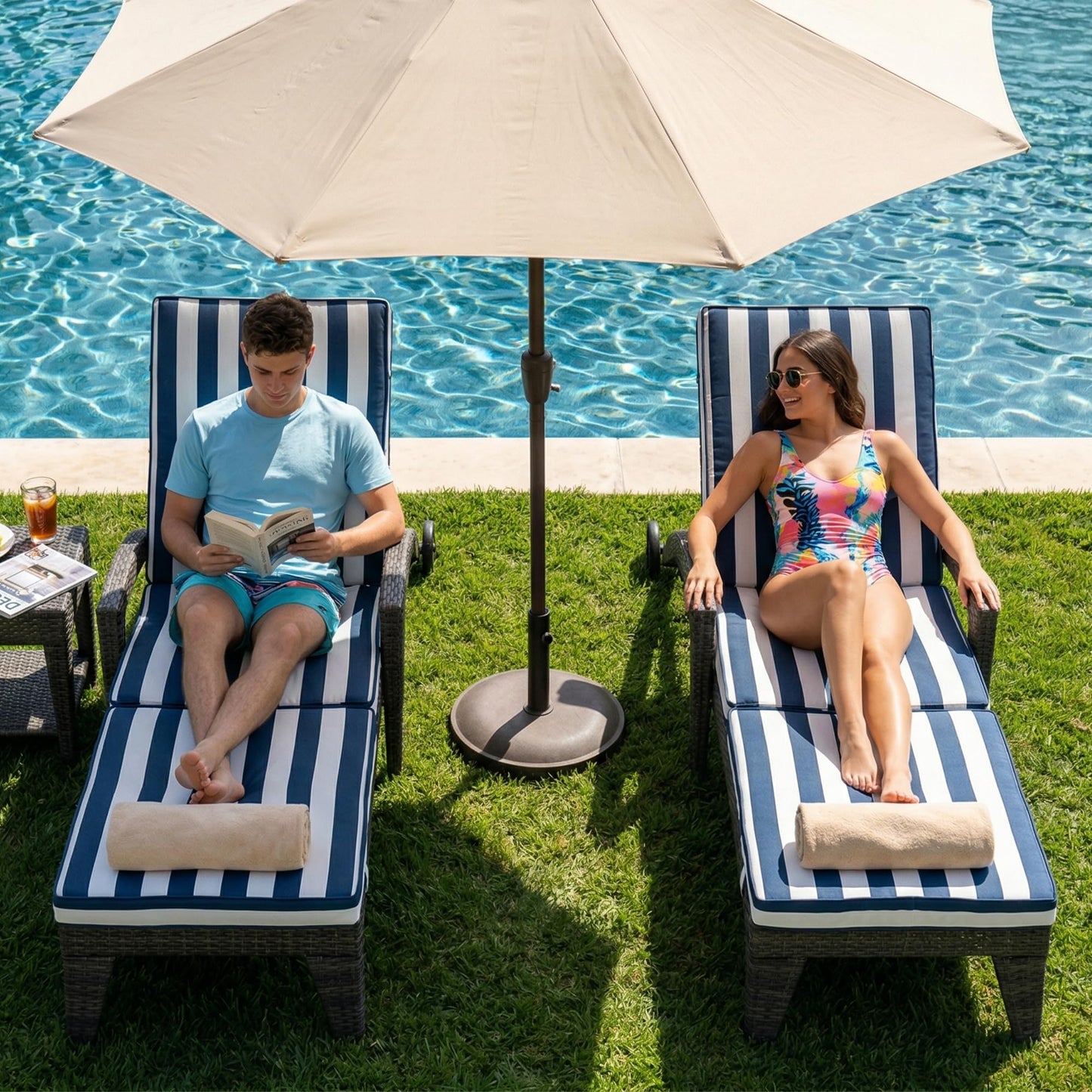 DAYARUS Patio Chaise Lounge Chairs Set of 2, Outdoor Recliner with Washable & Removable Cushions, 5-Position Adjustable Backrest, All-Weather Rattan & Metal Pool Lounger with Wheels for Deck, Blue