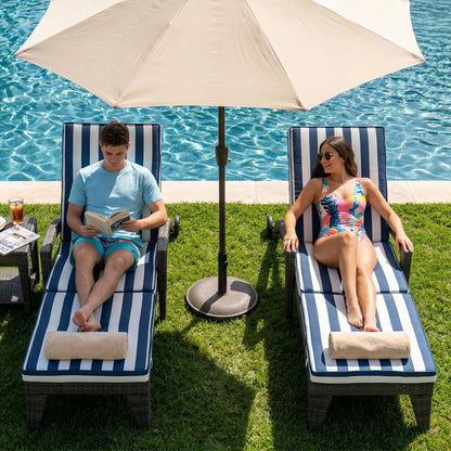 DAYARUS Patio Chaise Lounge Chairs Set of 2, Outdoor Recliner with Washable & Removable Cushions, 5-Position Adjustable Backrest, All-Weather Rattan & Metal Pool Lounger with Wheels for Deck, Blue