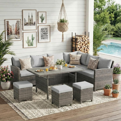 Wisteria Lane 7 Piece Patio Furniture Set, High Curved Back Wicker Patio Sectional, All Weather Outdoor Dining Set, Outdoor Furniture Patio Conversation Set with Ottoman, Grey