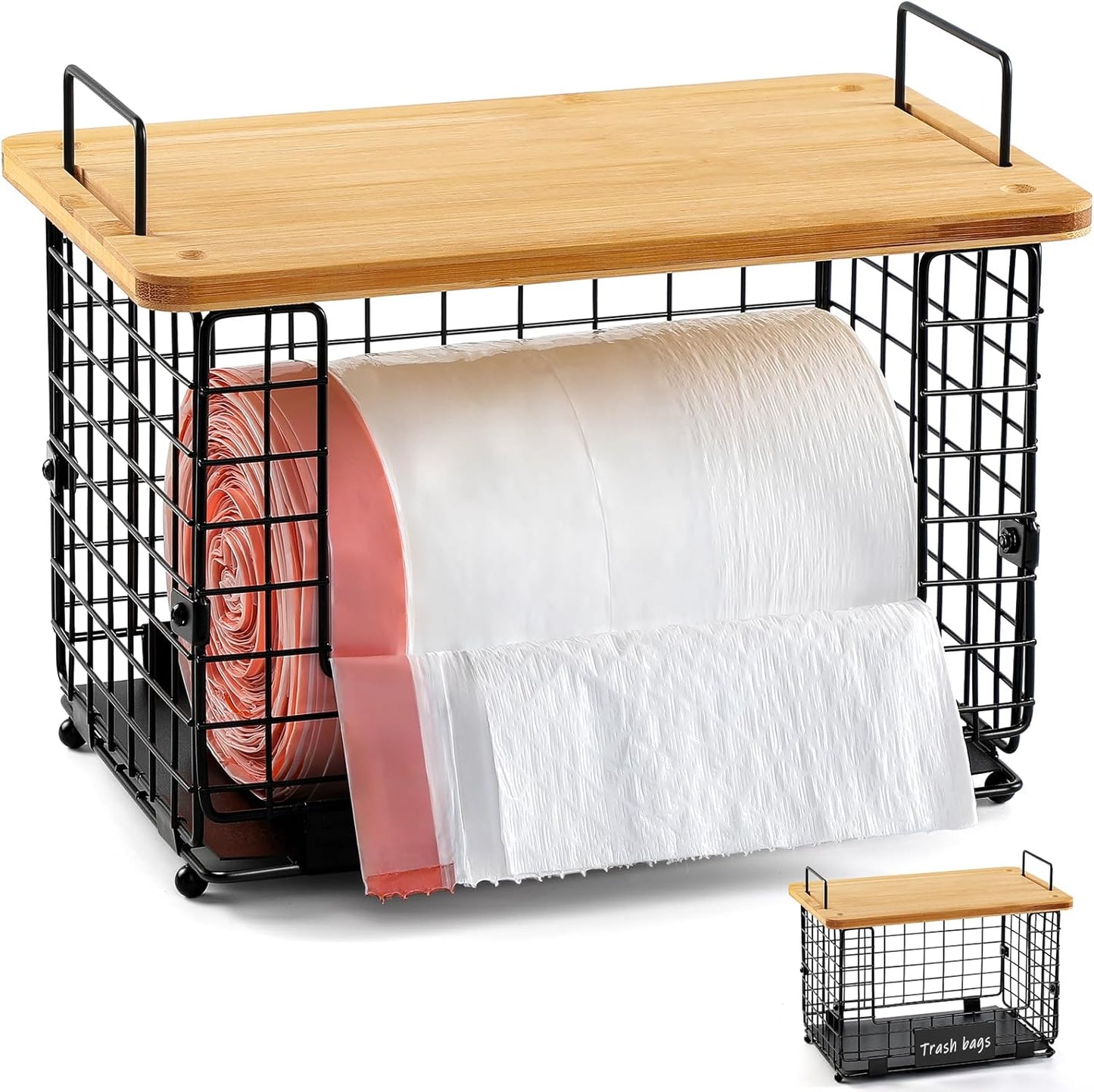 1 Pack Counter Stackable Storage Trash Bag Baskets with Bamboo Top, Large & Standard Trash, Garbage Bag Holder