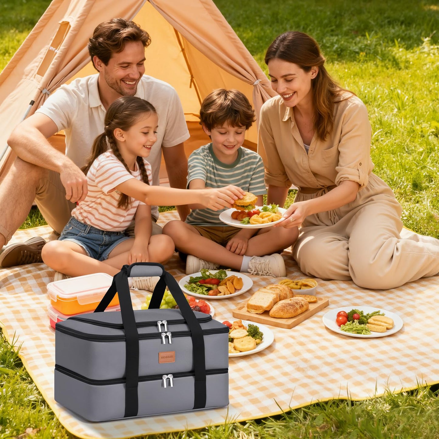 BlissfulSGDM Insulated Casserole Carrier, Double Decker Food Carriers for Hot or Cold Food, Portable Leakproof Thermal Bag for Travel/Potluck Parties/Picnic/Cookouts(Grey)
