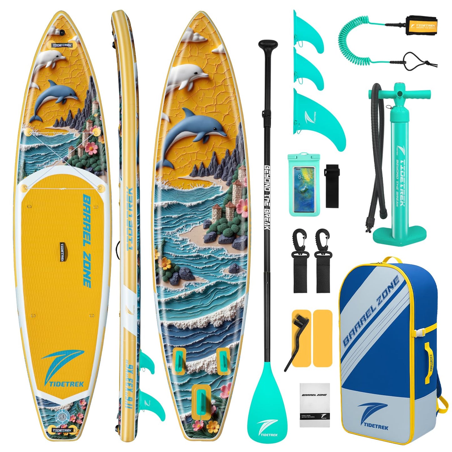 TIDETREK 11'/11'6" x 33"/34" x 6" Inflatable SUP Paddle Board – Extra-Wide, Stable Stand Up Paddle Board with Premium Full Accessory Set for Adults & Youth (Sunny Wave, 11'6"x33"x6")