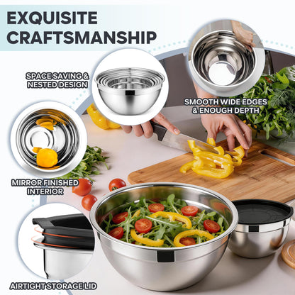 E-far Mixing Bowls With Lids Sets of 5, 10-Piece Stainless Steel Salad Metal Nesting Bowl for Baking Cooking and Prepping, Airtight Lid & Stackable Design, Size 4.6, 3, 2.1, 1.5, 0.7 QT, Black