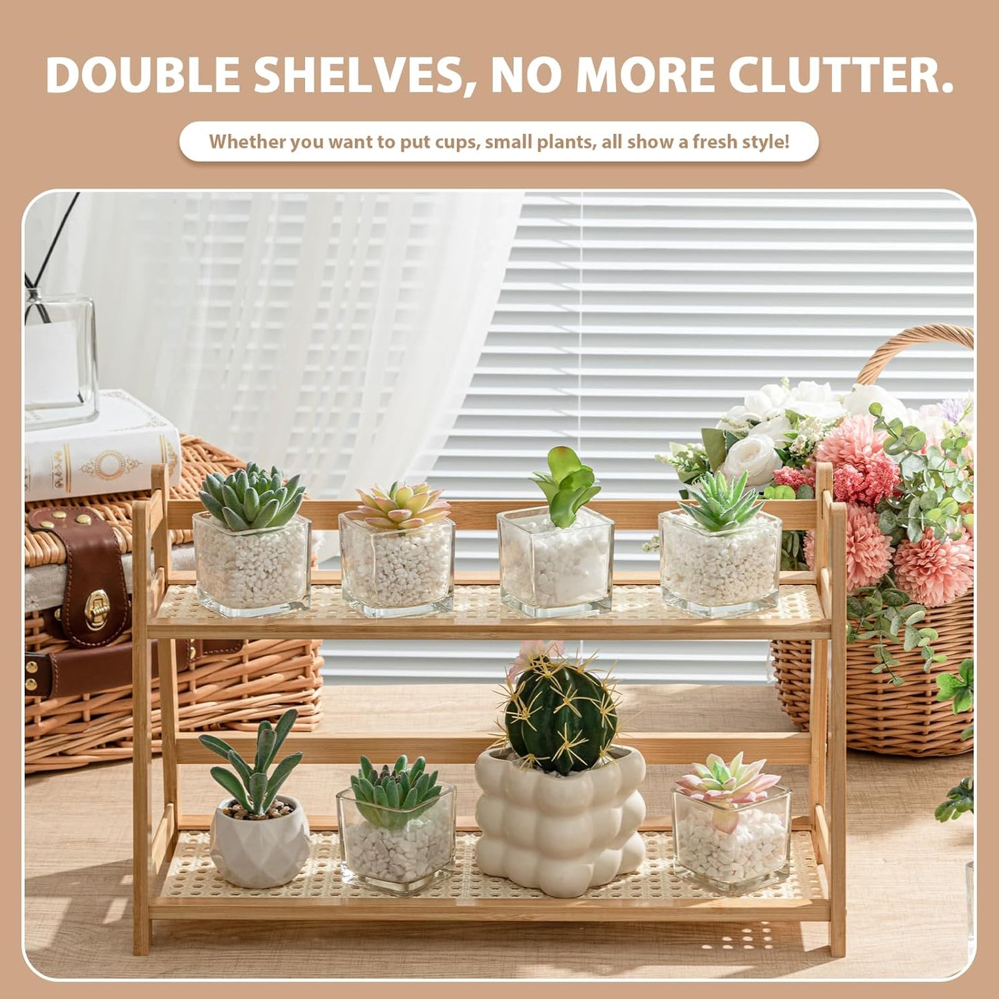 1 2 Countertop (Wood,17.7 Inch) Yalikop Pcs Tier Matcha Station Shelf Bamboo Coffee Mug Stand Storage Rack, Double