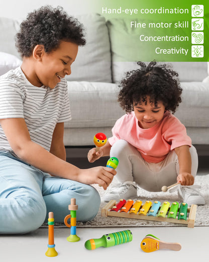 Coogam Wooden Musical Instruments for Toddlers, Tambourine Xylophone Castanet Flute Maracas Playset, Wood Percussion Rhythm Music Toy, Montessori Educational Learning Gift