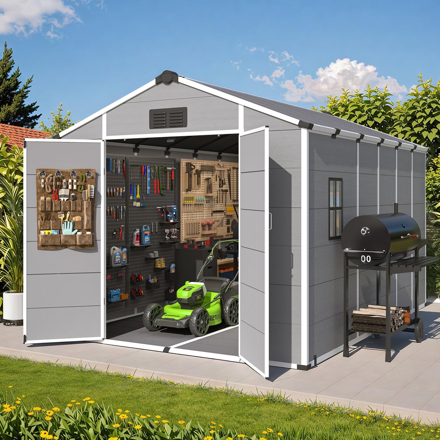 MELLCOM 8 x 12 FT Plastic Outdoor Storage Shed with Floor, Outdoor Resin Storage Tool Shed with Windows and Lockable Door, Resin Garden Shed for Lawnmower, Bike, Garbage Can