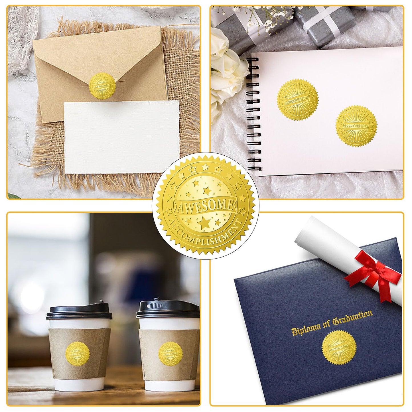 CRASPIRE 408Pcs Awesome Accomplishment Gold Foil Embossed Stickers 2" Planet Self Adhesive Envelopes Seals Round Labels for Wedding Invitation Corporation Graduation Certificates Diplomas Gift Award
