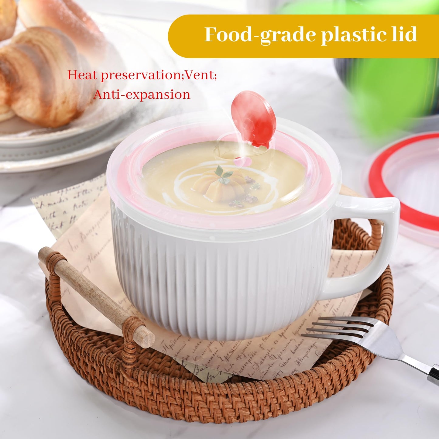 Ceramic Soup Bowl with Handle, Extra Large 38oz Ramen Bowl with Lid, Jumbo Soup Mug/Cup for Oatmeal, Cereals, Pasta, Noodle, Soup Container Meal-prep, Microwave & Dishwasher safe, 5.5 inch-White