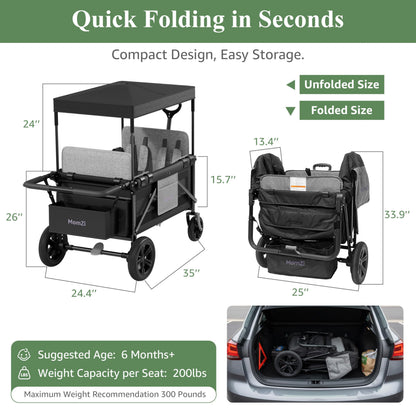 MomZi 4 Seater Wagon Stroller for Kids, Collapsible Wagon Stroller with Removable Canopy, Foldable Stroller Wagon with Seat and Storage Pocket for Baby Toddlers Black