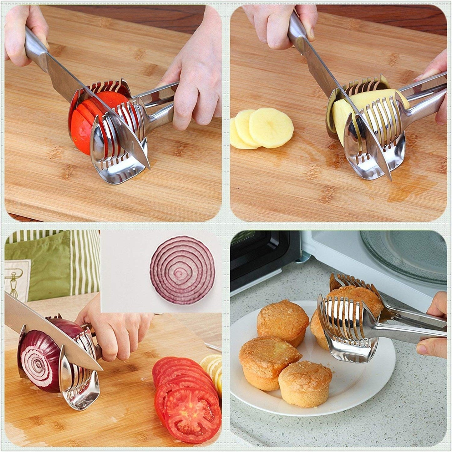 KAYCROWN Tomato Slicer Lemon Cutter Multipurpose Handheld Round Fruit Tongs Stainless Steel Onion Holder Easy Slicing Kiwi Fruits & Vegetable Tools Kitchen Cutting Aid Gadgets Tool