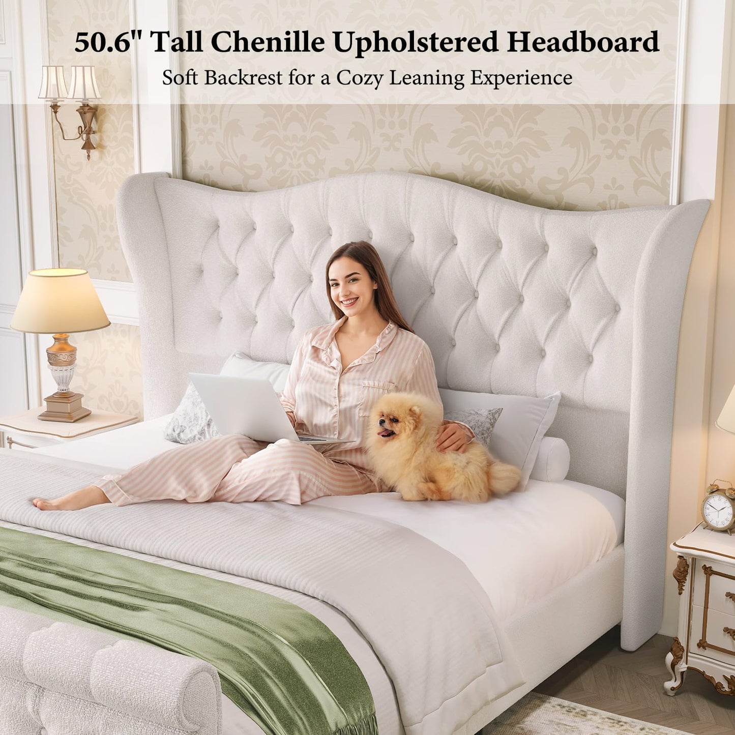 koorlian King Bed Frame,Chenille Upholstered Sleigh Bed with Scroll Wingback Headboard & Footboard,Luxury & Soft Button Tufted Modern King Bed,Easy Assembly,No Box Spring Needed