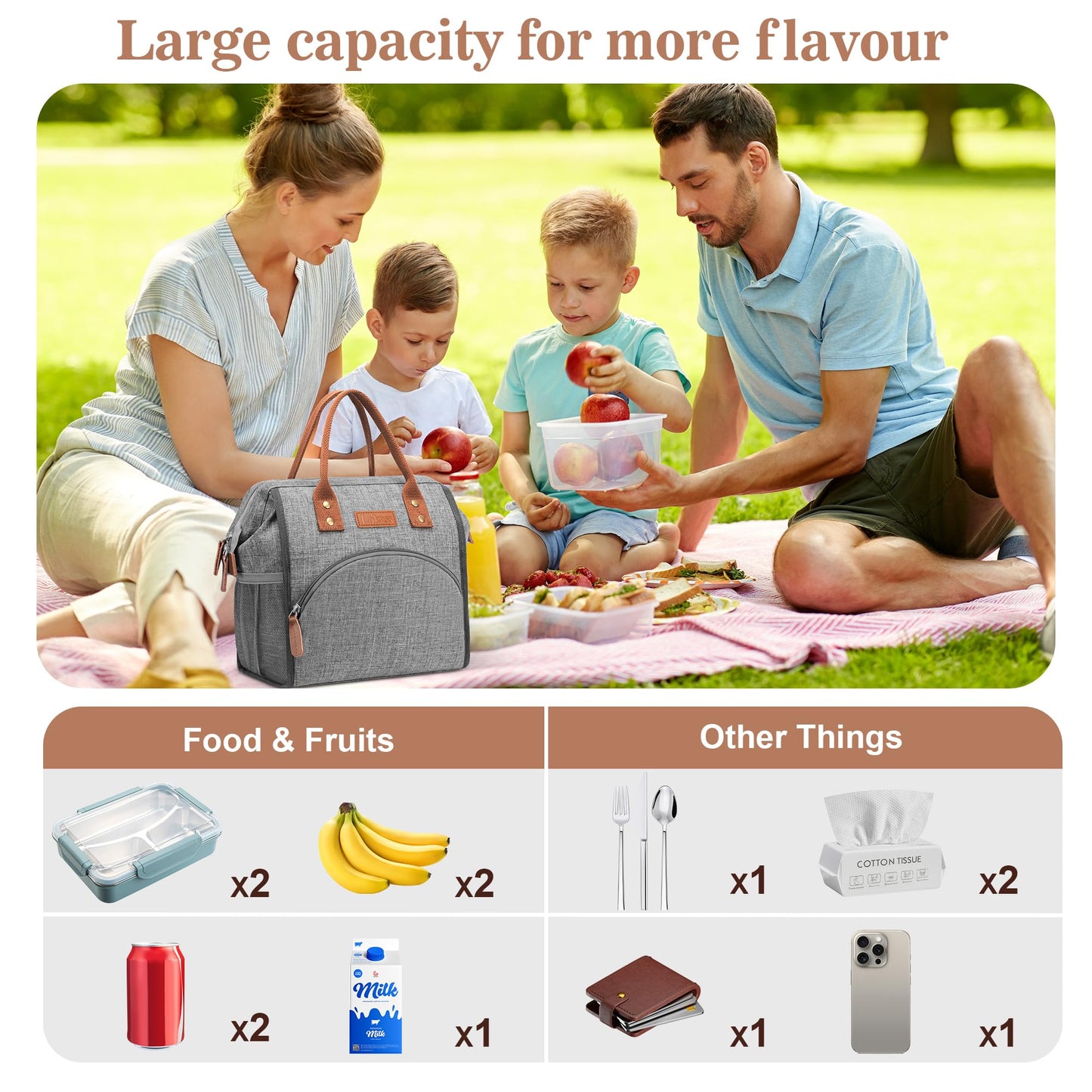 LOKASS Insulated Lunch Bag for Women & Men - Reusable 10 L Lunch Box for Women - Leakproof Tote Cooler Bag for Adults Work, Beach, Travel, Picnic (Grey)