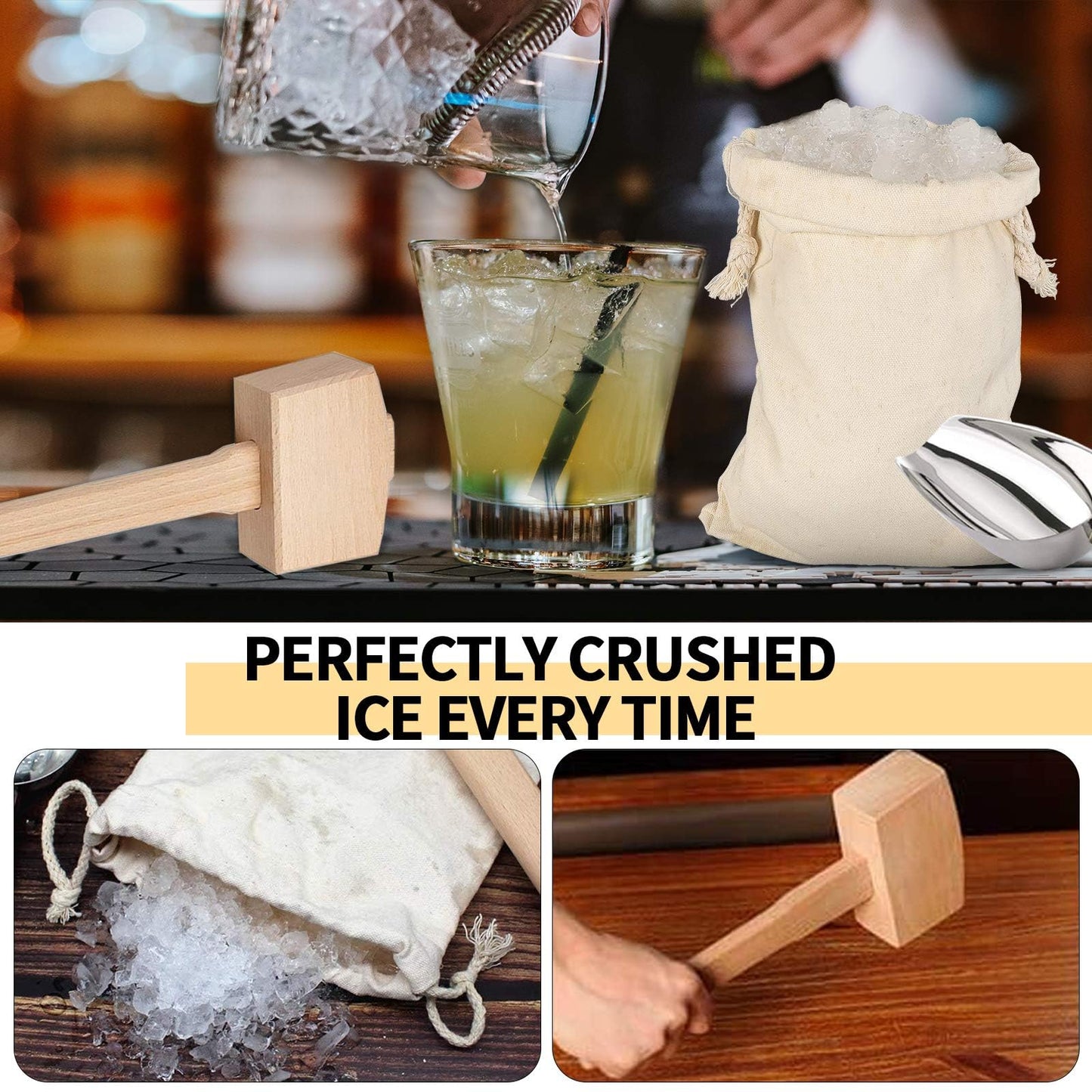 Lewis Ice Bag and Mallet for Crushed Ice, Canvas Bag & Wooden Mallet Bar Tools Bartender Kit, Ice Crushers for Home Use