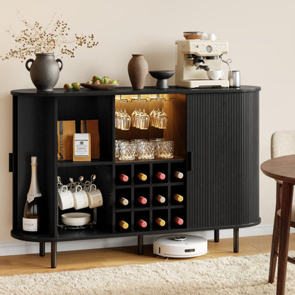 55" Wine Cabinet, Fluted Coffee Bar Cabinet with LED Light, Modern Liquor Coffee Station with Power Outlet, Wine Rack & Glass Holder, Sliding Door Buffet Sideboard Table for Home, Living Room, Black