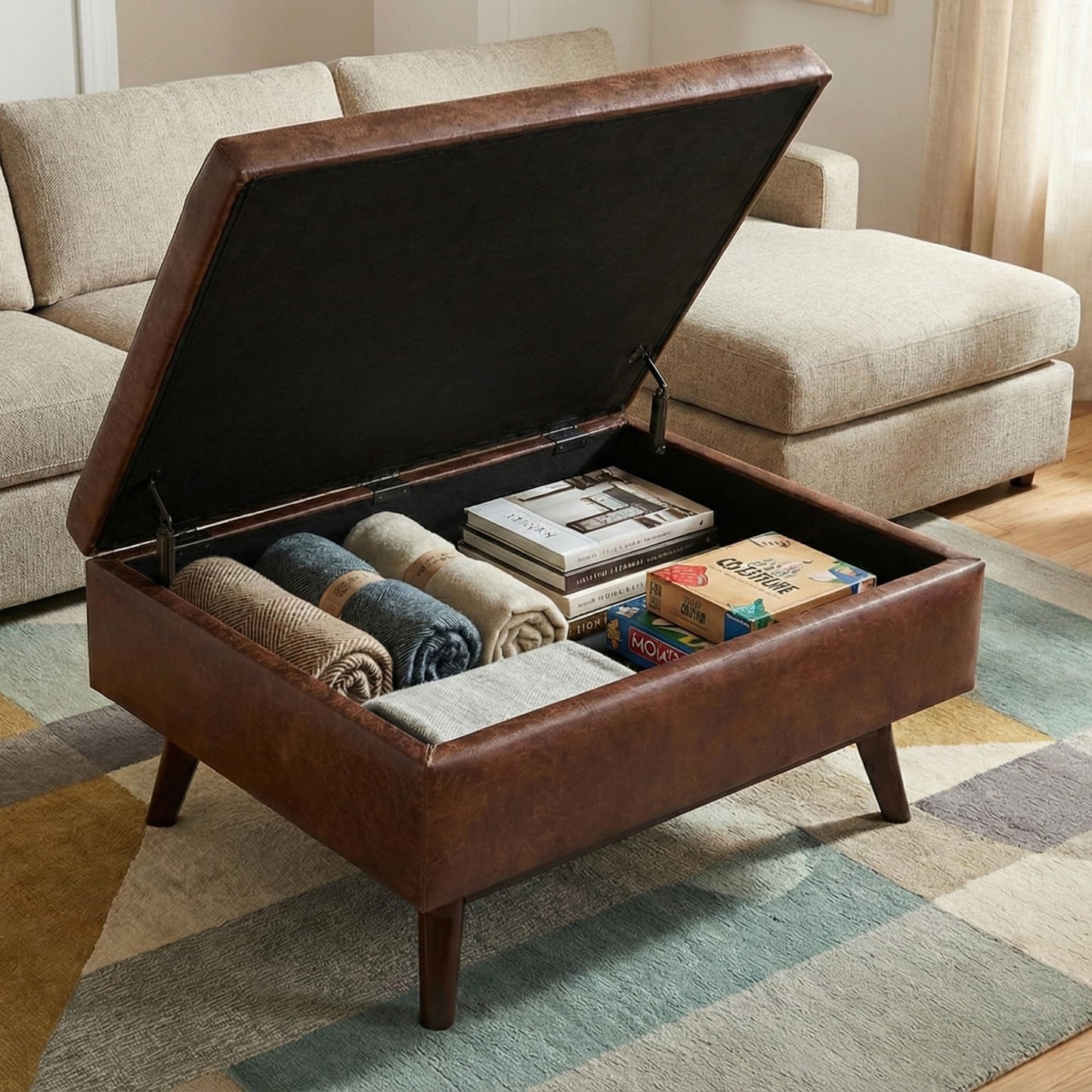 SIMPLIHOME Owen Coffee Table Storage Ottoman - 34" Wide x 19" High Upholstered Vegan Leather Rectangular Lift-Top Ottoman in Distressed Saddle Brown, Mid-Century Modern Bench with Tapered Legs