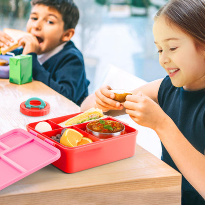Bento Lunch Box for Kids With 8oz Soup Thermo,Leak-proof Lunch Containers with 4 Compartment,Thermo Food Jar, Food Containers for School(Vermilion)