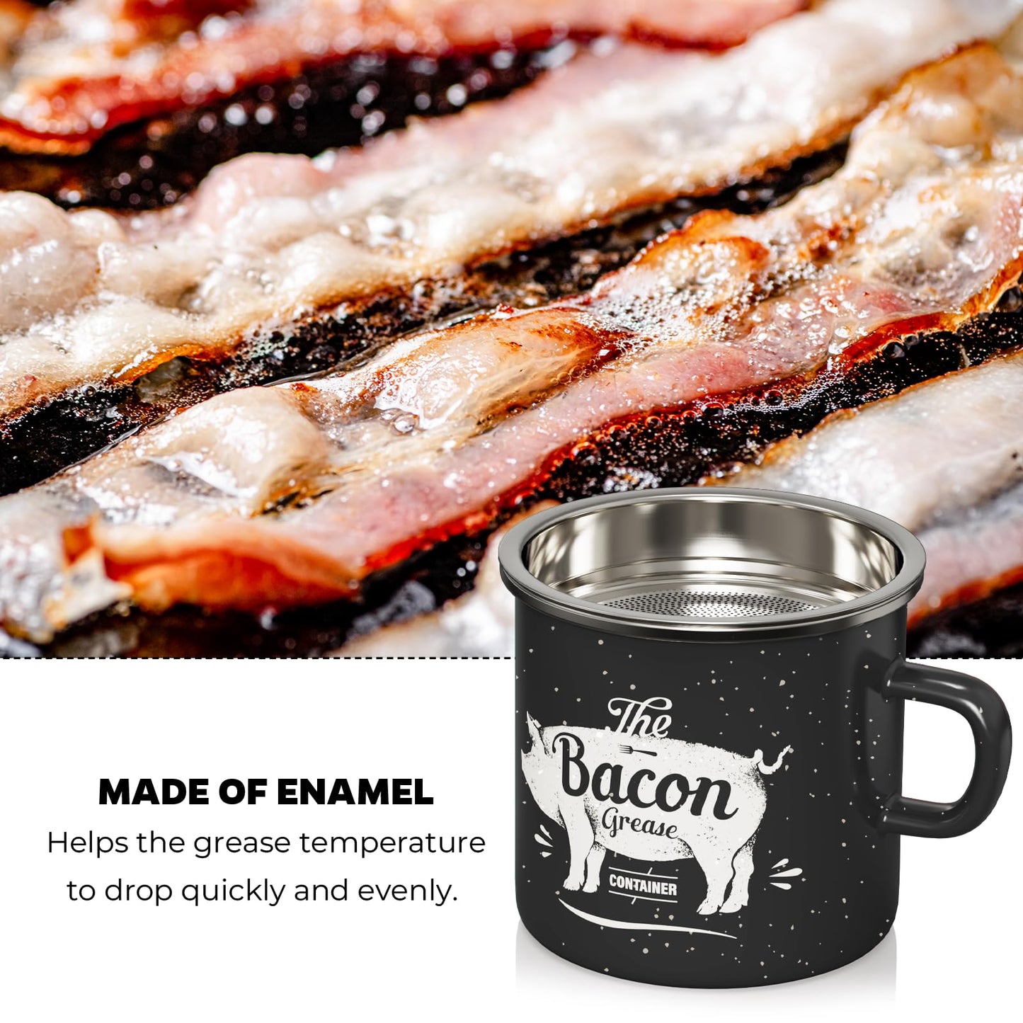 PGYARD Mini Bacon Grease Container With Strainer - 15OZ Enamel Grease Saver, Farmhouse Bacon Grease Keeper For Kitchen Fat Storage, Dishwasher Safe-Black
