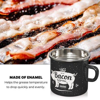 PGYARD Mini Bacon Grease Container With Strainer - 15OZ Enamel Grease Saver, Farmhouse Bacon Grease Keeper For Kitchen Fat Storage, Dishwasher Safe-Black