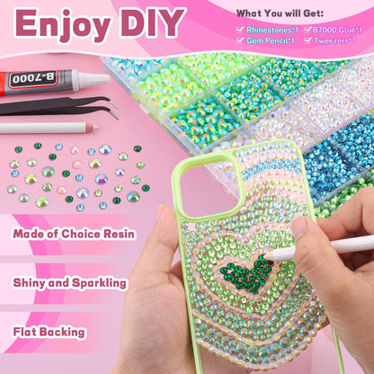 20000Pcs Green Rhinestones for Bedazzling with B7000 Jewelry Glue, Resin Rhinestones for Crafting Crafts DIY, Bedazzler Kit Gems for Clothing Shoes Tumblers Fabric Nail Art Assorted Size 3/4/5/6mm