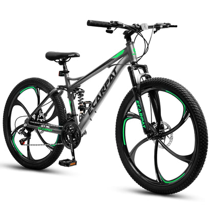 Rycheer Ecarpat 26 Inch Mountain Bike Full Suspension, 21 Speeds Dual Disc Brake, 6 Spokes Men Women Mountain Bike, Durable Carbon Steel Bicycle, Adult Trail Beach Snow Commuter City Bikes