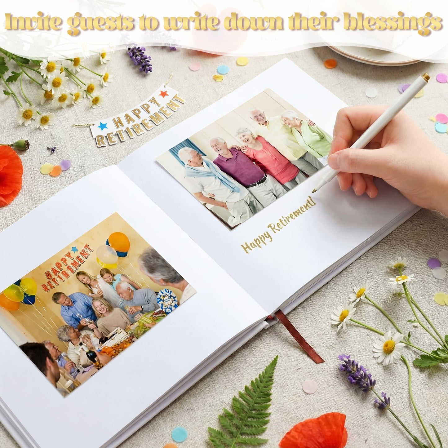 Resholder 2026 Retirement Guest Book with 2 Markers 8.7'' Square Hardcover Blank Guest Photo Signing Memory Book Happy Retirement Gift Party Supplies for Women Men Teacher Grad Decor (White,Floral)