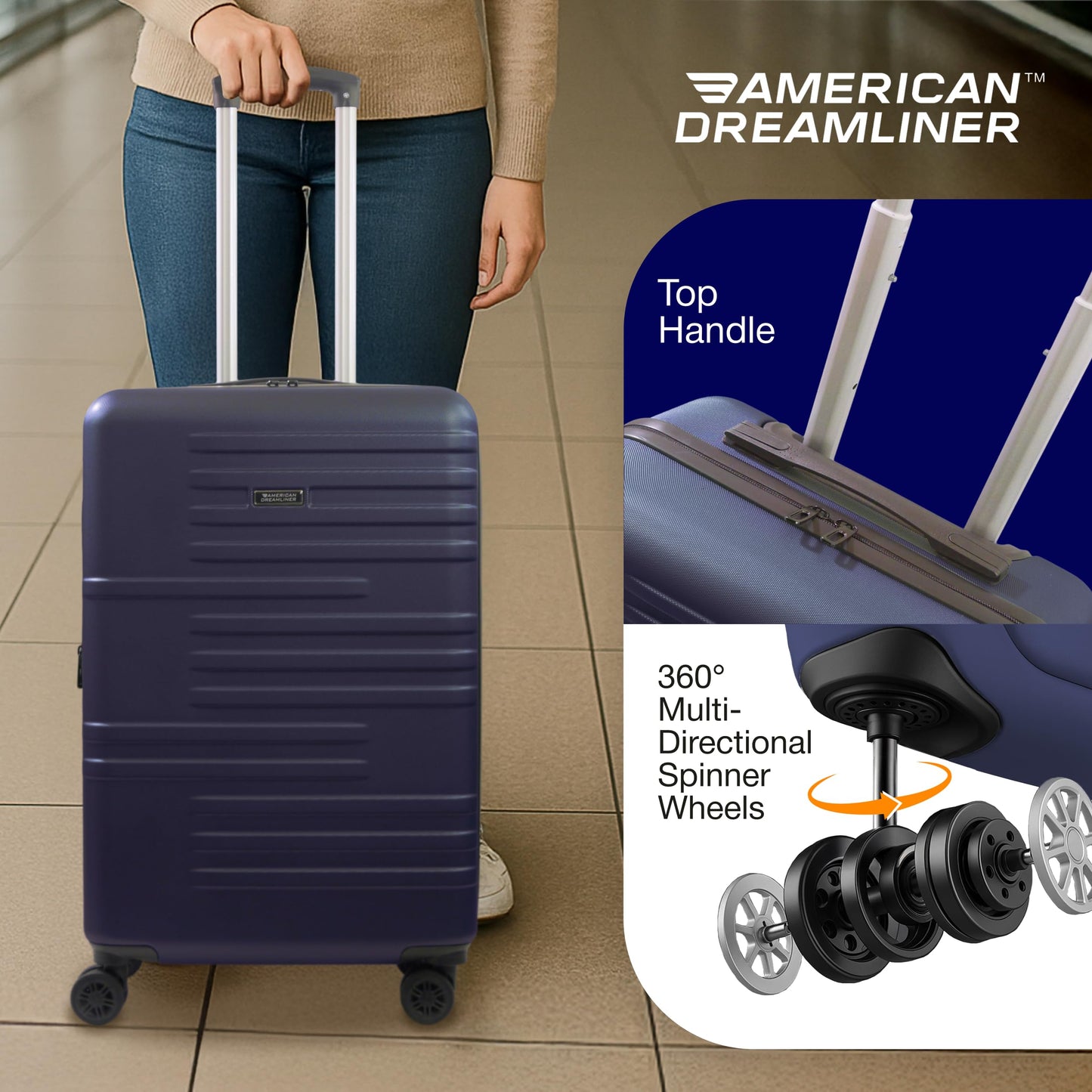 American Dreamliner 3 Piece Set Rolling Luggage, Hardshell Suitcases with Spinner Wheels, 22.5, 26.5, and 30 Inch, Navy