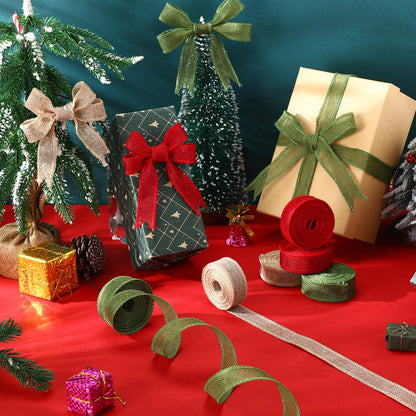 WILLBOND 6 Rolls 33 Yards Christmas Burlap Ribbon Fabric Wired Edge Green Red Natural Wrapping Ribbon Xmas Craft Farmhouse Decorative for Wreath DIY Xmas Tree Holiday Decor, 1 and 2 Inch(1'')
