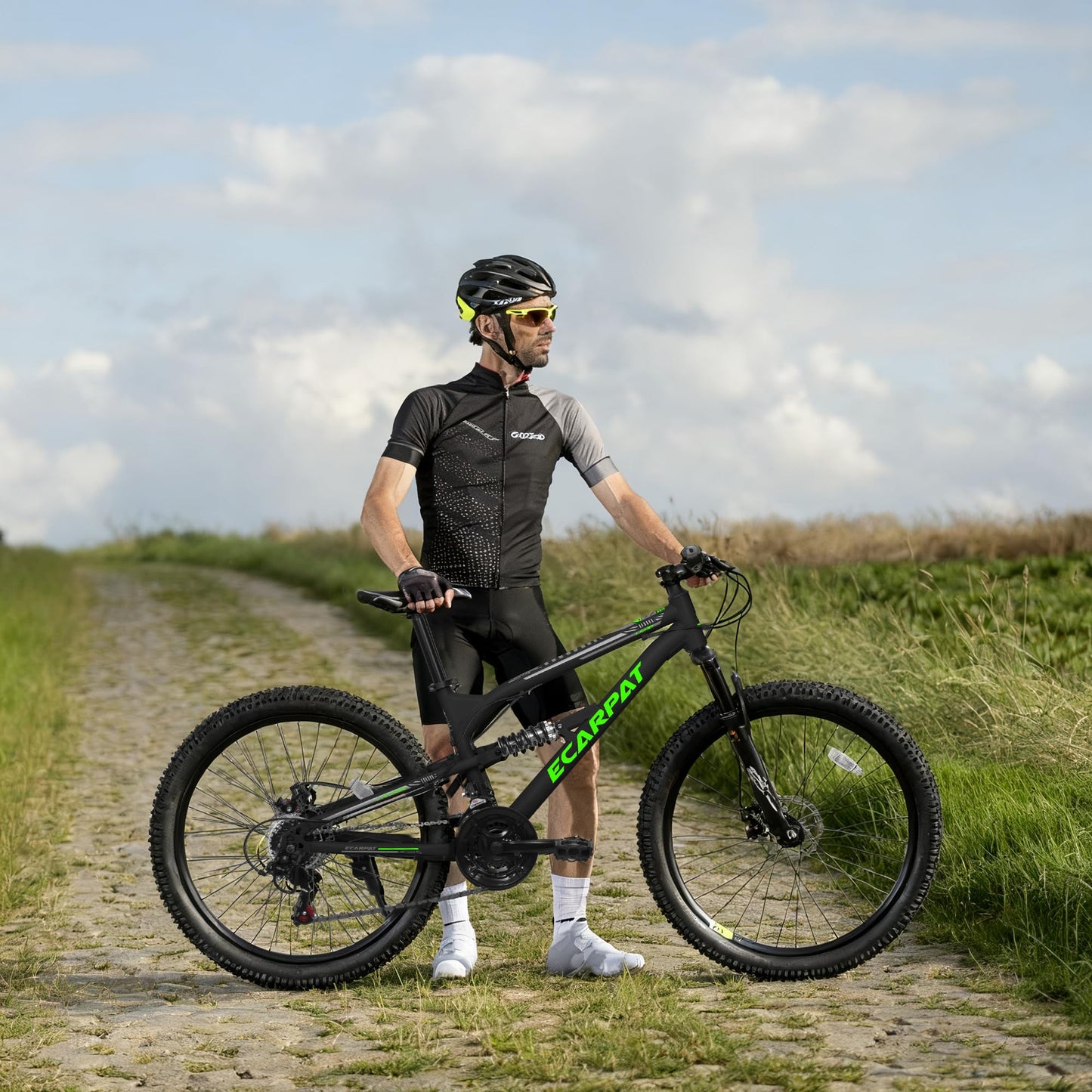 26 Inch Mountain Bike, 21-Speed Mountain Bicycle with Full Suspension and Dual Disc Brakes Thumb Shifter, High Carbon Steel Frame MTB Bike for Teenagers Adult Men Women Trail Commuter, Black-Green