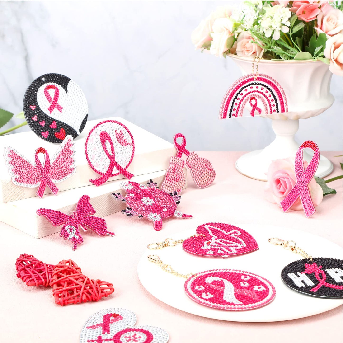 Estune 28 Pcs Breast Cancer Diamond Painting Keychains Pink Ribbon Diamond Art Key Chain Double Sided 5d DIY Painting Kits Keyring Pendant for Beginners Adults Women Gift