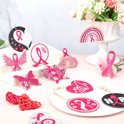 Estune 28 Pcs Breast Cancer Diamond Painting Keychains Pink Ribbon Diamond Art Key Chain Double Sided 5d DIY Painting Kits Keyring Pendant for Beginners Adults Women Gift