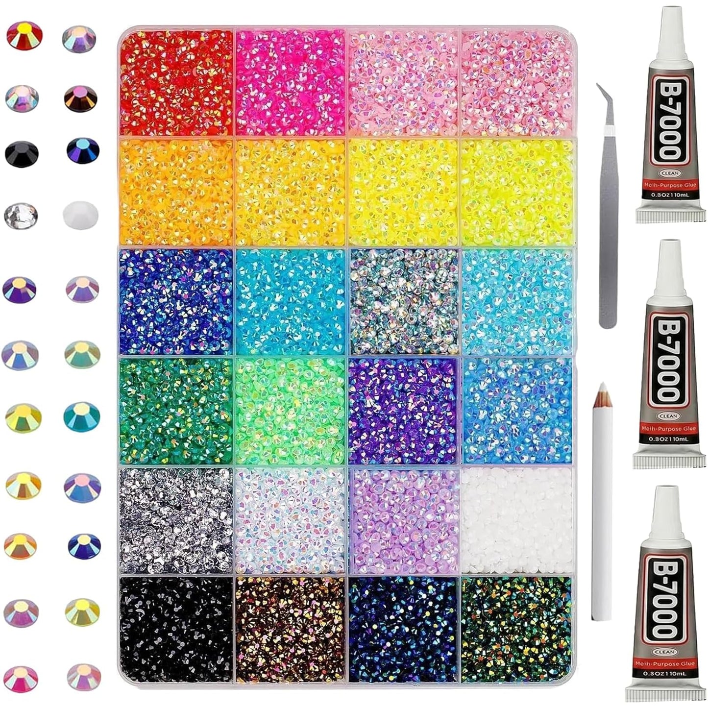 30000 Pcs Resin Jelly Rhinestones for Bedazzling, 24 Colors 3mm Flatback Rhinestones Kit with 3 Craft Glues & Tools, All-in-One Bedazzler Kit for Tumblers, Clothes, Crafts