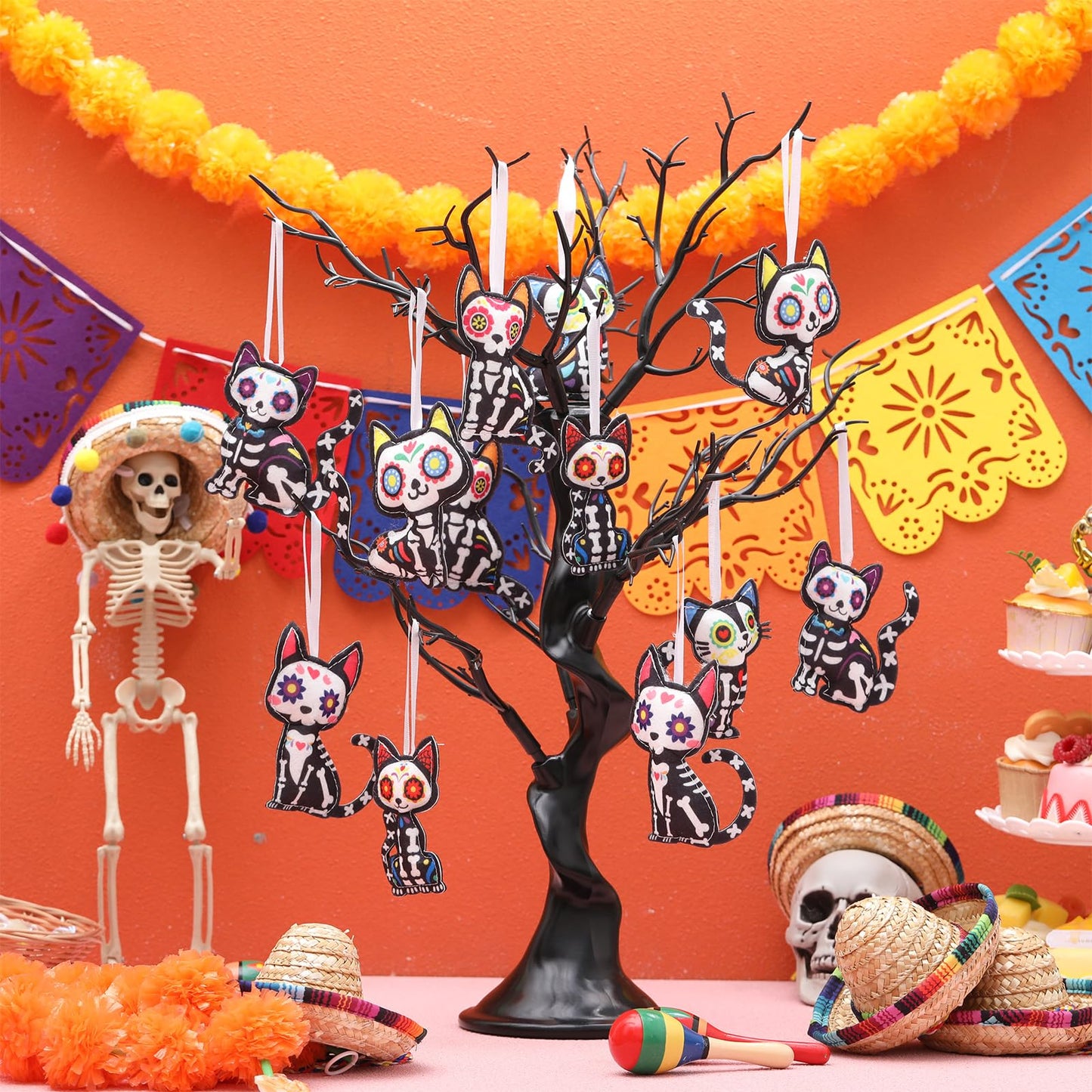 Remagr 12 Pcs Dia De Los Muertos Cat Felt Ornaments, Day of The Dead Cat Skeleton Hanging Halloween Ornaments for Mexcian Themed Party School Bags Indoor Outdoor Tree Hanging Decorations
