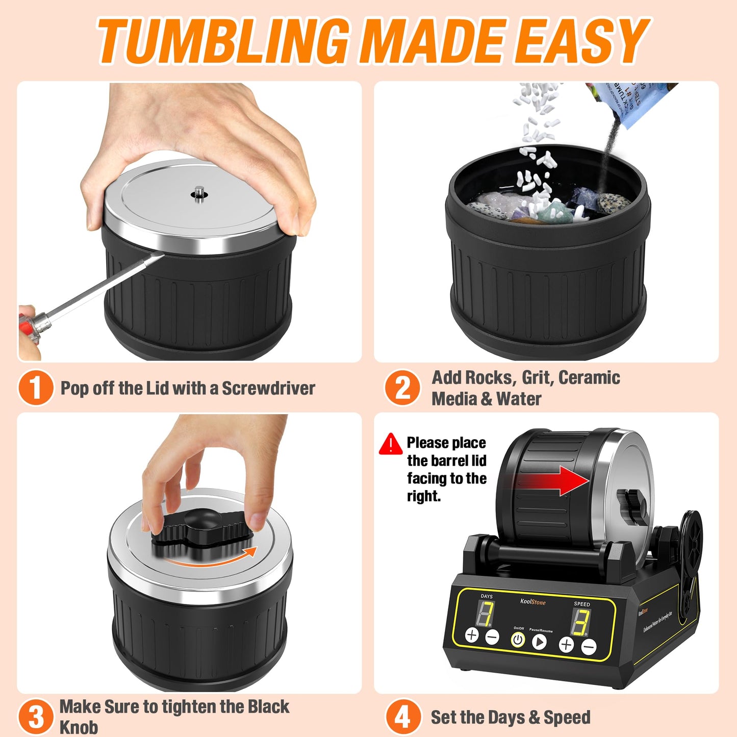 KoolStone C1 Rock Tumbler Kit - Large 2.5LB Rotary Rock Tumbler for Adults & Hobbyists, Quiet Rubber Barrel, Adjustable Timer & Speed, Complete Gem Polishing Kit with Memory Function