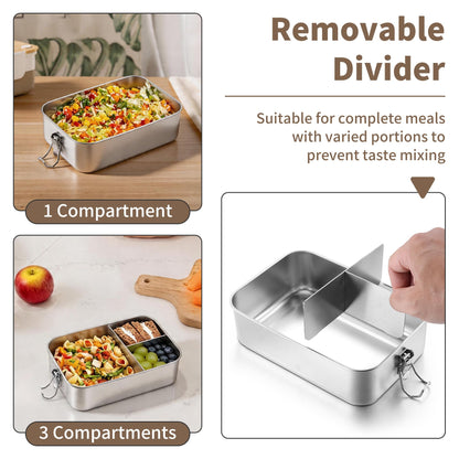TeamFar 2 Pack Stainless Steel Bento Box, 47oz Metal Lunch Box with 3 Compartments for Adults/Kids, Lunch Food Containers for School/Work/Meal Prep, Leak-Proof & Dishwasher Safe, 1400ML