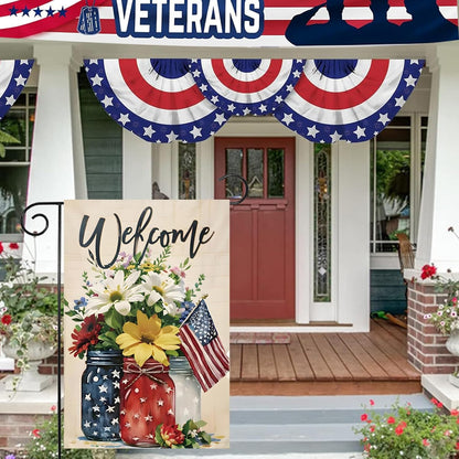 Patriotic 4th of July Mason Jar Flowers Garden Flag - Double-Sided Burlap 12x18 for Summer Celebrations