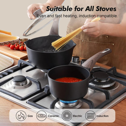 SENSARTE Nonstick Saucepan Set - 2.0 & 3.0 Quart Cooking Pots with Lid & Pour Spout | PFOA Free, Easy to Clean