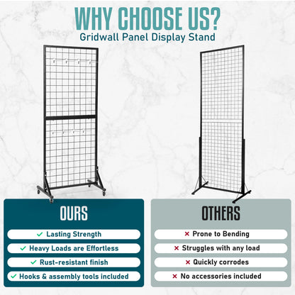2 Gridwall Panels | 5 FT Tall x 2 FT Wide Portable Display Stand for Vendor Events with Caster Wheels | Heavy Duty Grid Wall with 16 Hooks Included | Gridwall Panel Display Stand for Easy Assembly