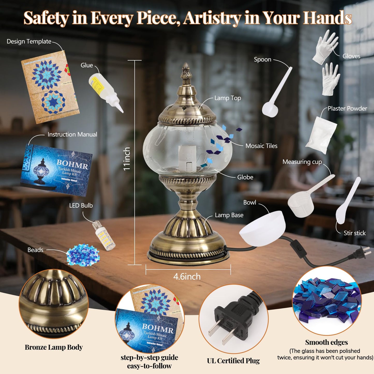 BOHMR DIY Turkish Mosaic Lamp Kit, Stained Glass Table Lamp Making Kit- Easy and Fun, No Experience Needed, Mosaic Art & Craft Project Kits for Adults & Teens, Make Your Own Table Lamp,Blue