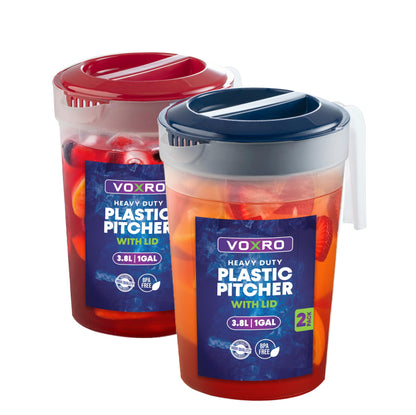 2-Pack 1-Gallon Plastic Pitchers with Lids – Iced Tea Pitchers with Twist Cover BPA-Free, Dishwasher & Freezer Safe, Ideal for Water, Juice & Fridge Storage