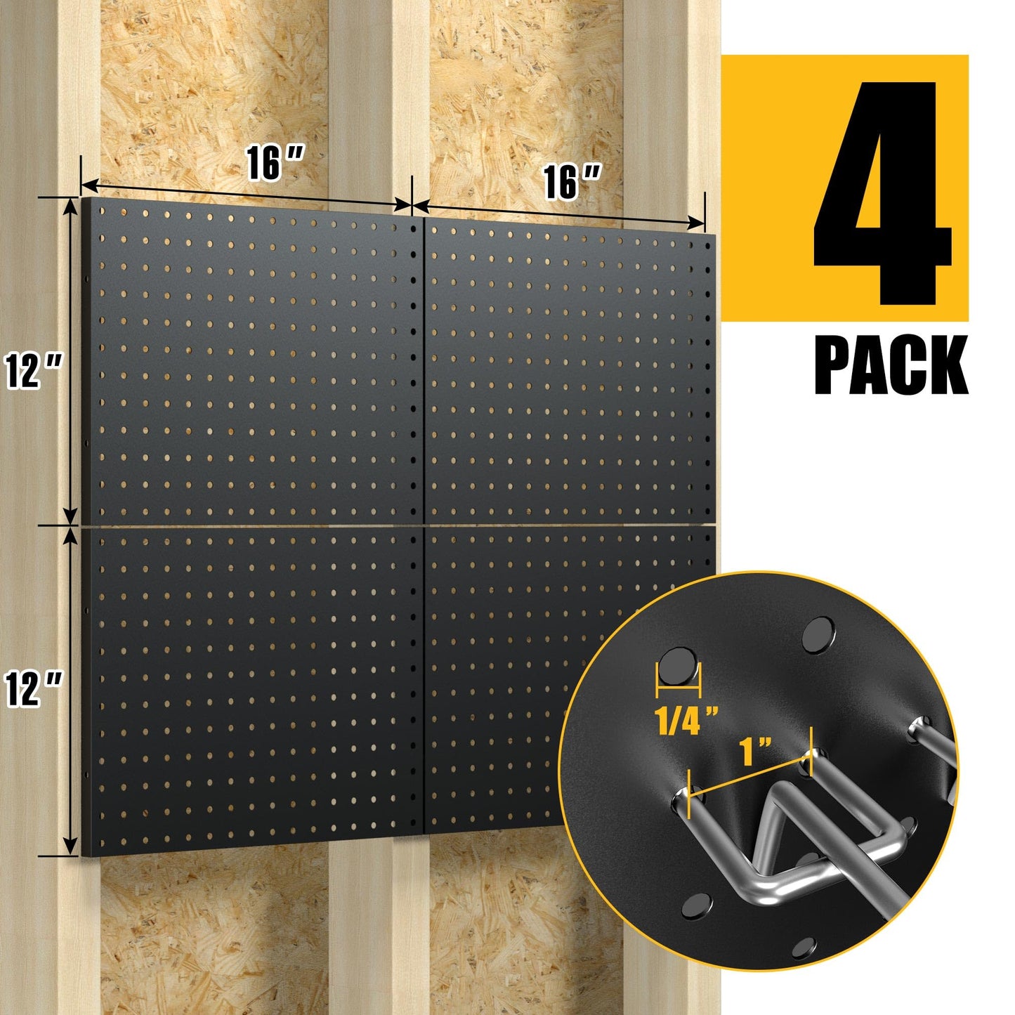 Spampur Peg Board, 4 Pack Metal Pegboard Panels with 50 Hooks, Black Pegboards Wall Organizer, Heavy Duty Peg Board for Walls Home, Garage Tool Storage, Office Organization, Craft Room, Kitchen