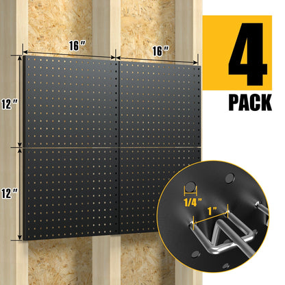 Spampur Peg Board, 4 Pack Metal Pegboard Panels with 50 Hooks, Black Pegboards Wall Organizer, Heavy Duty Peg Board for Walls Home, Garage Tool Storage, Office Organization, Craft Room, Kitchen