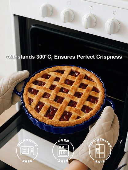 Yamteck 10×2in Deep Ceramic Pie Pan with Handles for Pie Quiche Tart Baking. Easy to grip, Lead-Free. Casserole Lasagna Dish for Thanksgiving Christmas Gift. Oven Microwave Dishwasher Safe. Blue