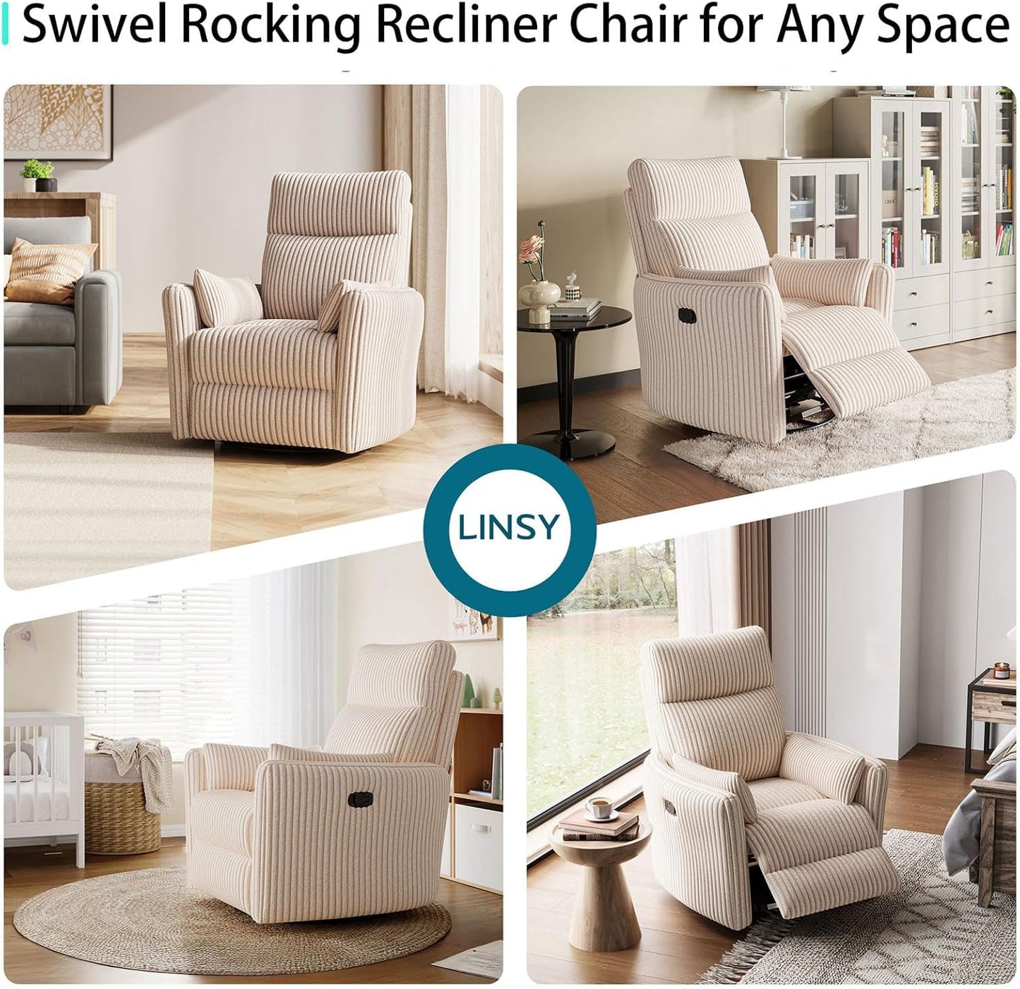 LINSY 360 Swivel Recliner Chair, Nursery Glider Rocking Chair with 2 Pillows, Corduroy Nursing Chair Comfy High Back Adult Rocker Recliner for Small Spaces, Nursery Bedroom Living Room (Beige)