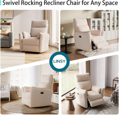 LINSY 360 Swivel Recliner Chair, Nursery Glider Rocking Chair with 2 Pillows, Corduroy Nursing Chair Comfy High Back Adult Rocker Recliner for Small Spaces, Nursery Bedroom Living Room (Beige)