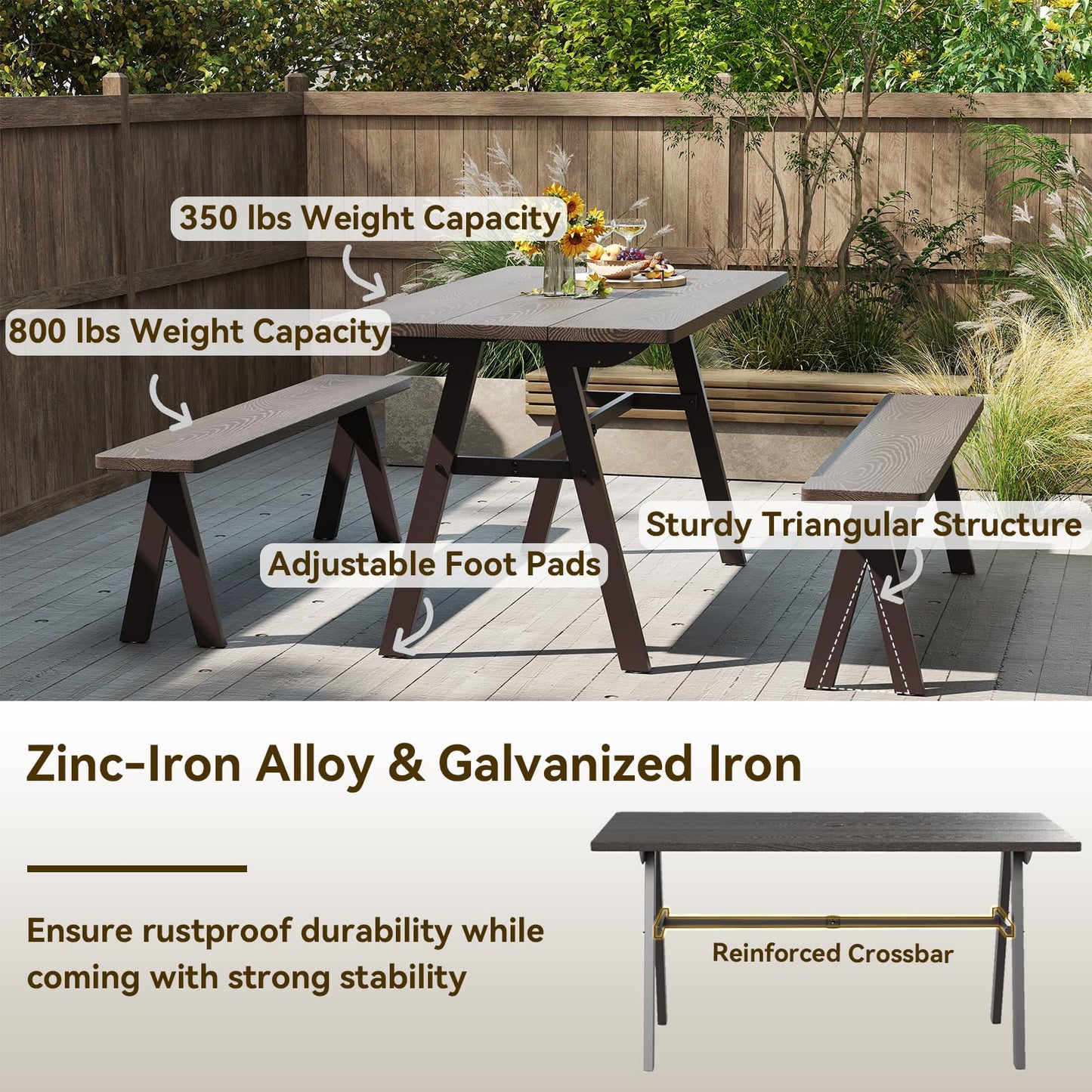 Giantex 3-Pieces Outdoor Picnic Table Set for 6 People, Rustproof Patio Dining Furniture Set with 1.93" Umbrella Hole, 800lbs Capacity Bench, 59" Camping Table for Porch Deck Yard Garden Lawn